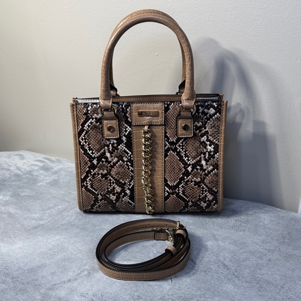 LIKE NEW ALDO Snake Print Small Tote - Tan Brown White - Gold Hardware